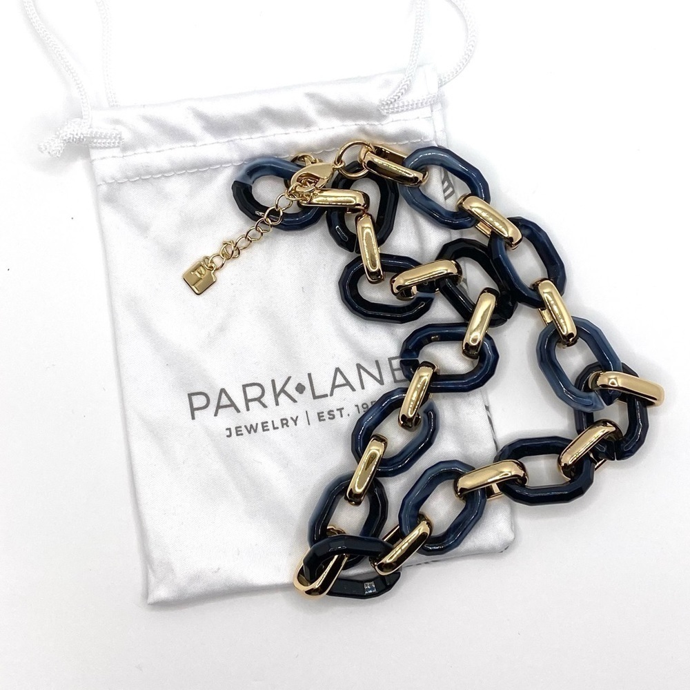 Park Lane Necklace Chunky Dark Blue Marbled Gold Tone Statement New Roman